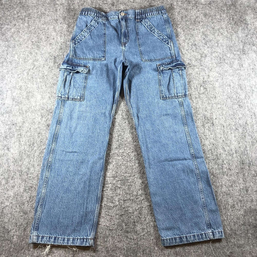 Aeropostale‎ Womens L Blue Baggy Cargo Jeans Wide Leg Elastic Waist 90s